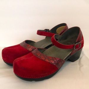 Dansko Beautiful Red Suede Mary Jane Clogs with Textured Strap